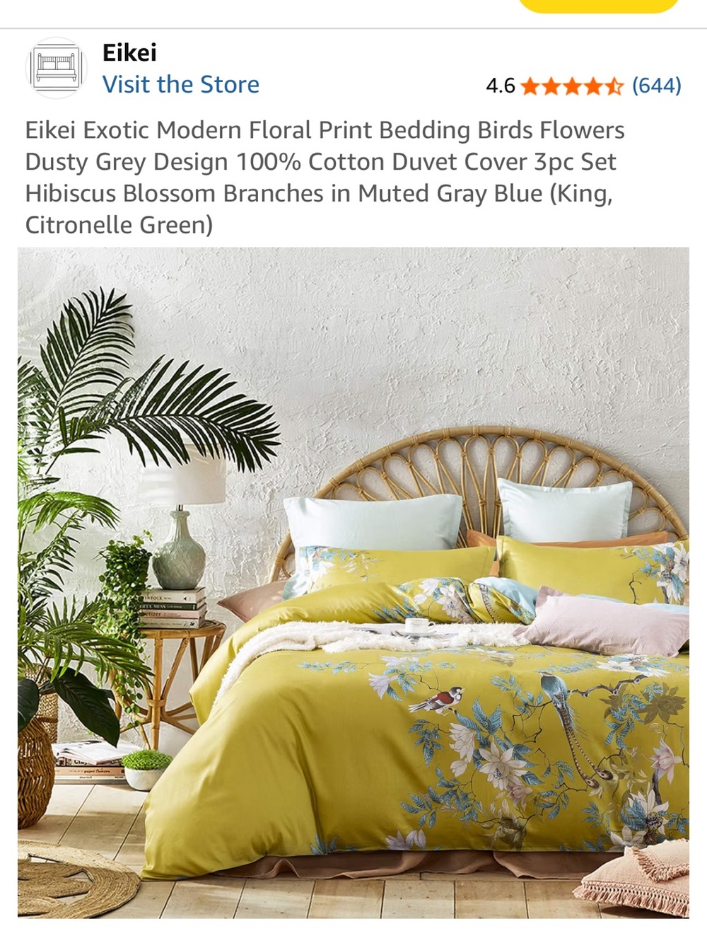 Floral Bird Print Yellow Home Bedding Duvet Cover Set King size 100% cotton - Picture 2 of 5